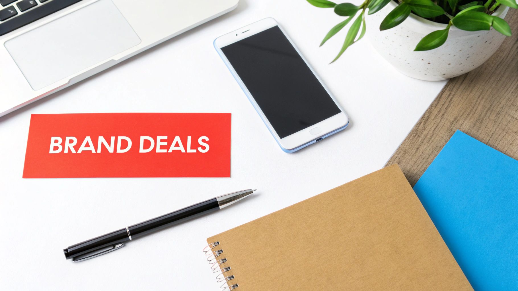A flat lay of a desk with a laptop, smartphone, pen, notebook, and a red card saying "BRAND DEALS".