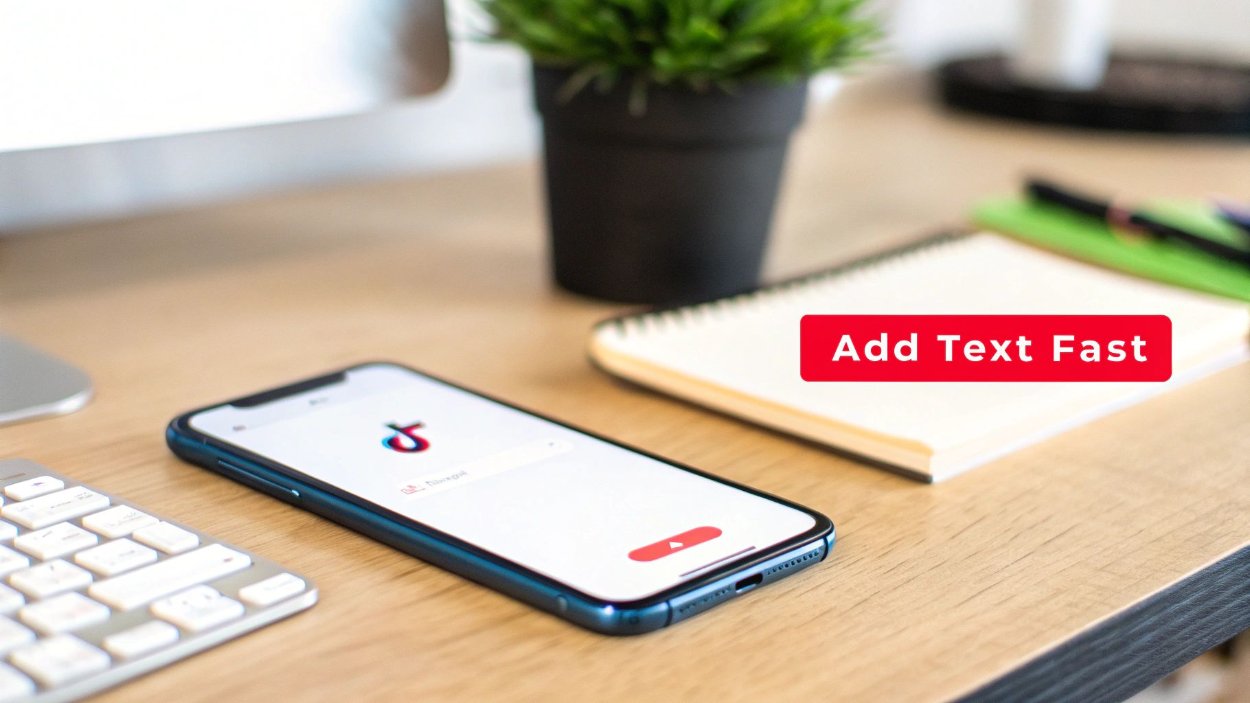 A smartphone displaying the TikTok app screen rests on a wooden desk next to a keyboard.