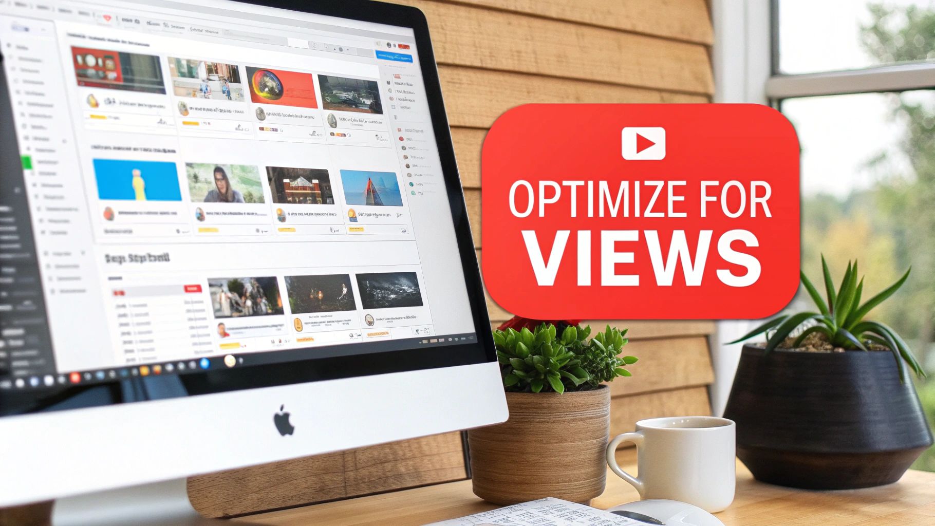 An iMac displays a YouTube channel dashboard with video thumbnails. A red graphic says 'OPTIMIZE FOR VIEWS'.