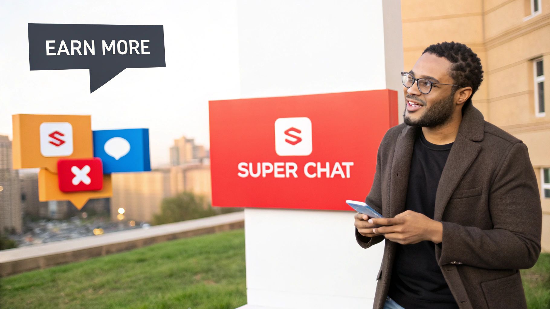 A person using a phone to manage their YouTube channel's monetization features, with icons for memberships, Super Thanks, and shopping visible.
