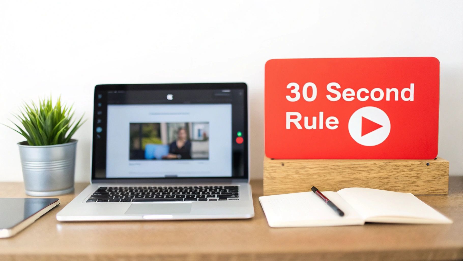 A clean workspace with a laptop showing a video, a plant, and a '30 Second Rule' sign.