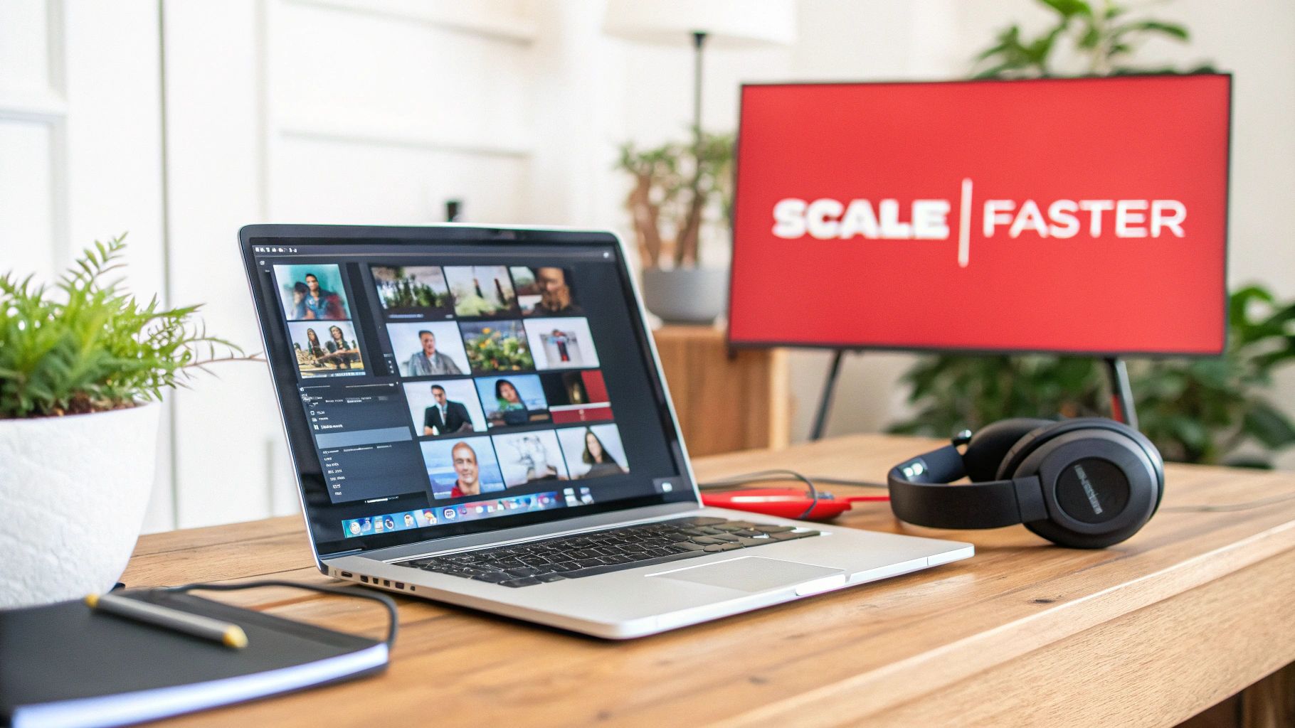 A laptop displays a video call grid next to a red monitor with 'Scale Faster' text, headphones, and a plant.