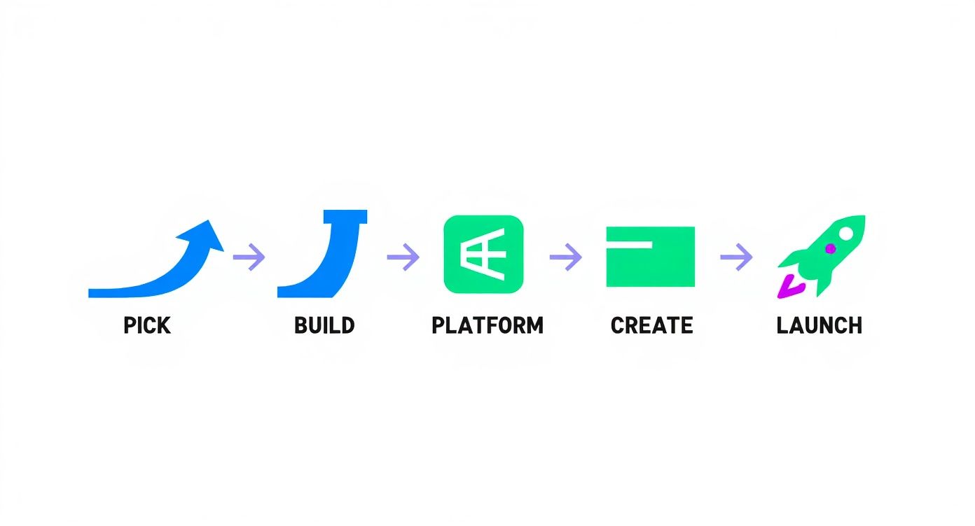 Five step process workflow showing pick, build, platform, create, and launch stages with colorful icons