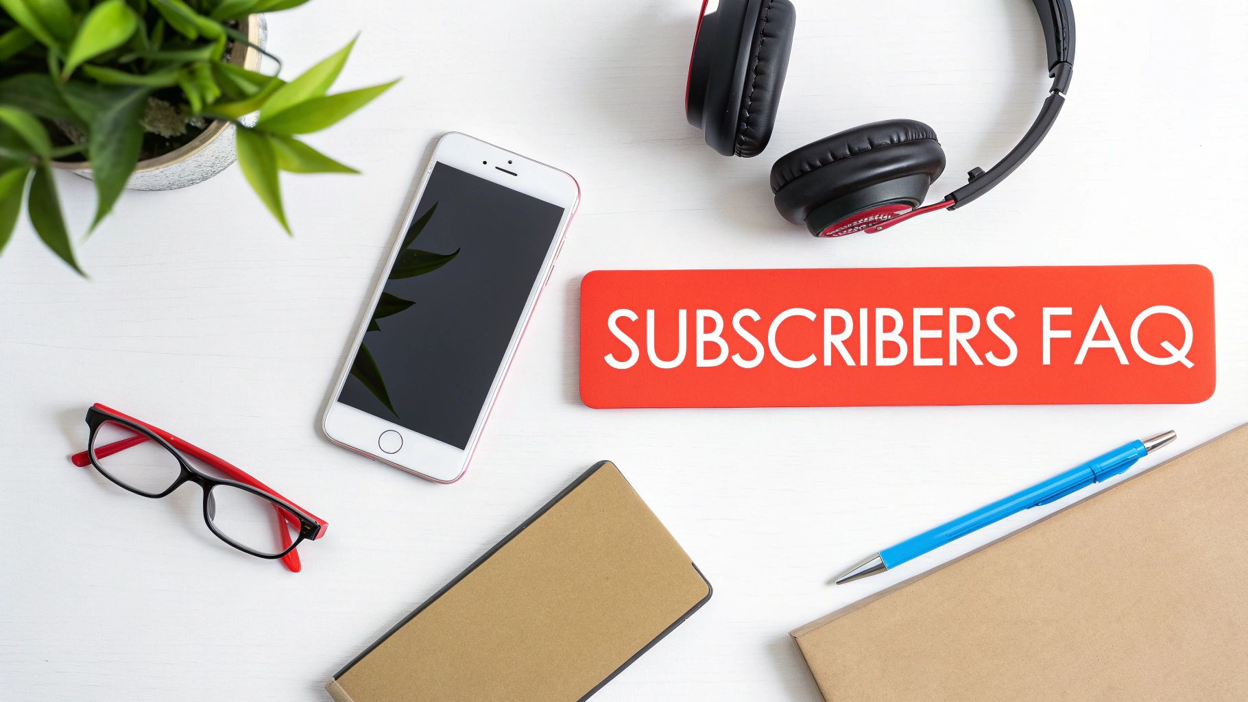 A flat lay of a white desk with a phone, headphones, glasses, and a red 'SUBSCRIBERS FAQ' sign.