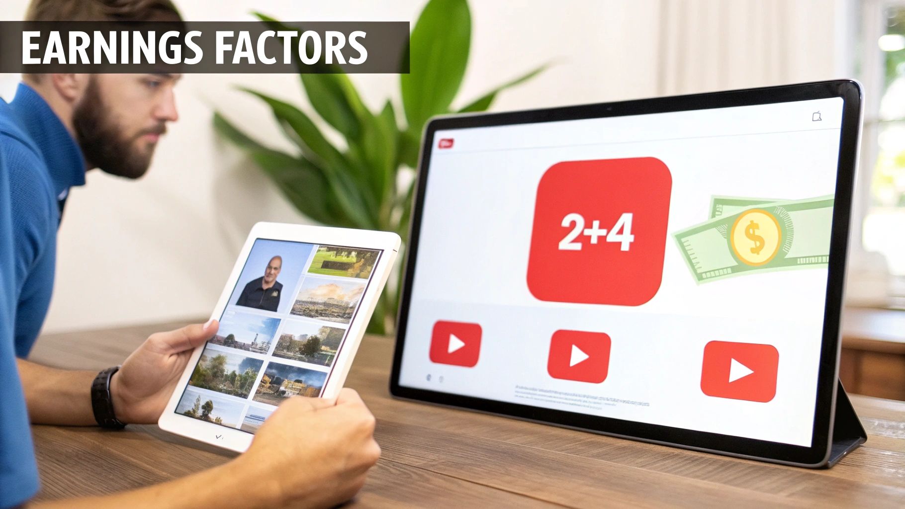 A man using a tablet and looking at a large monitor displaying YouTube earnings factors and money.