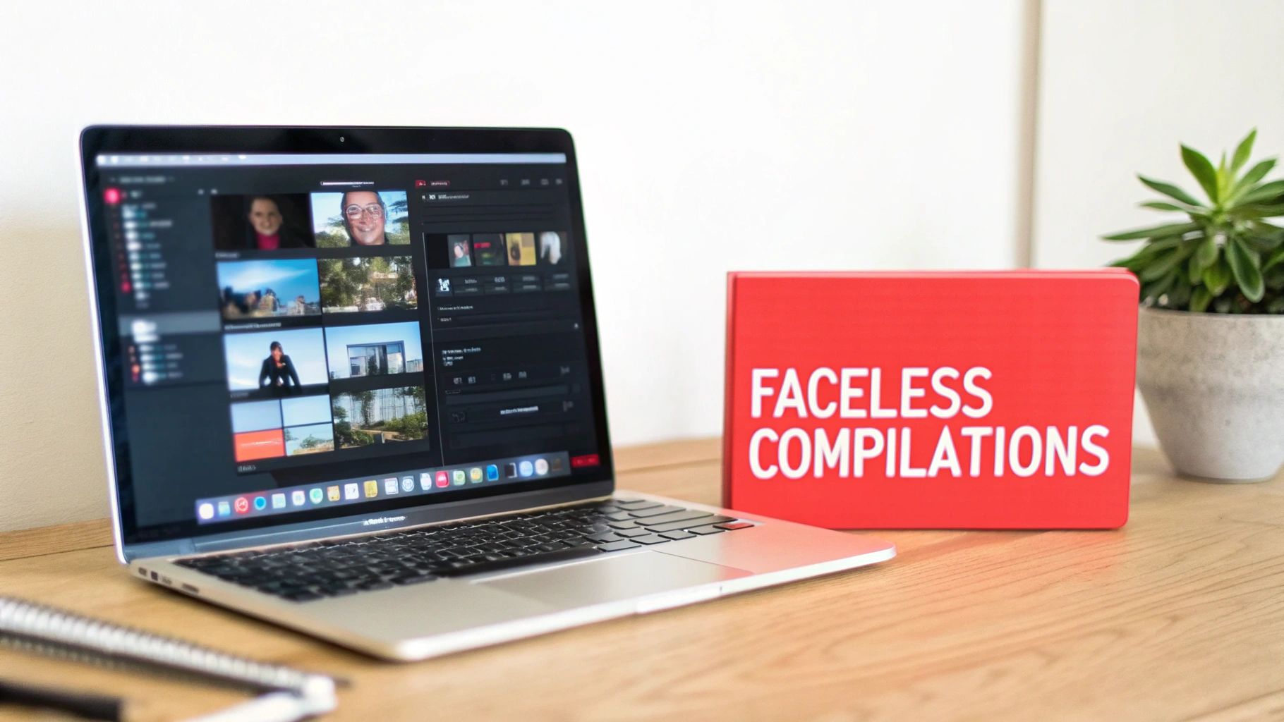 A laptop displays video content next to a red box labeled 'Faceless Compilations' on a wooden desk.