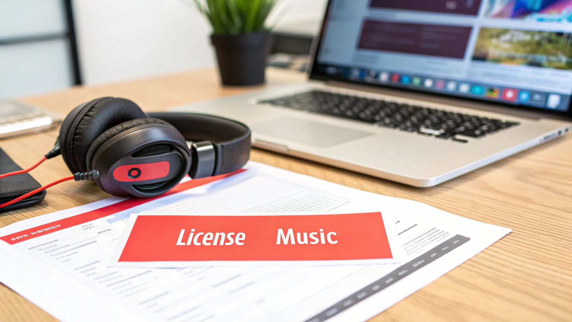 Headphones and a laptop on a wooden desk with a document reading 'License Music'.