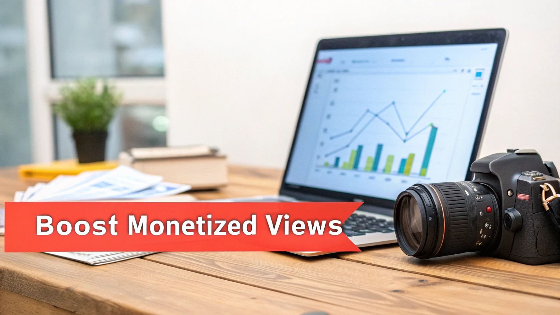 A wooden desk with a laptop showing a graph, a camera, and a red banner saying 'Boost Monetized Views'.