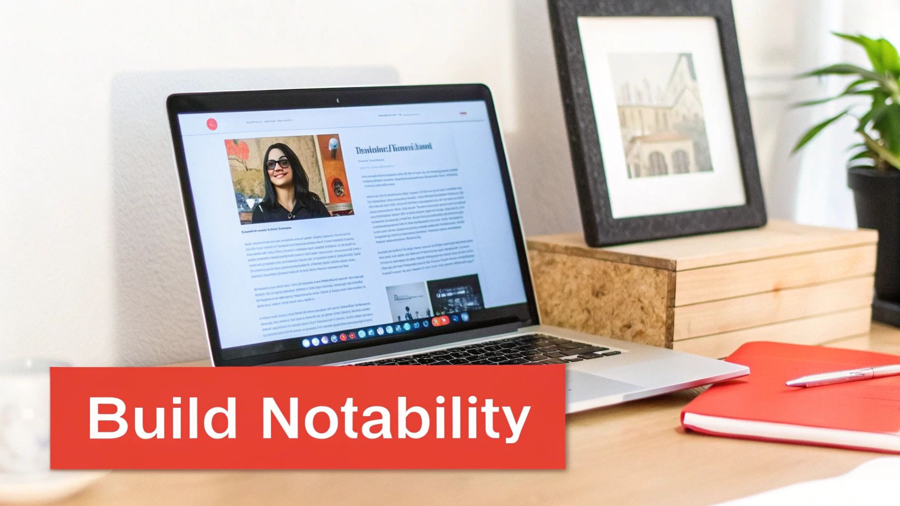 A laptop on a wooden desk displaying a website about building notability, with a woman's profile.