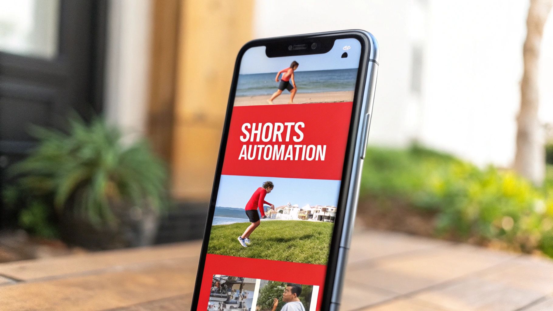 A close-up of a smartphone displaying a 'SHORTS AUTOMATION' screen with video thumbnails of people exercising outdoors.