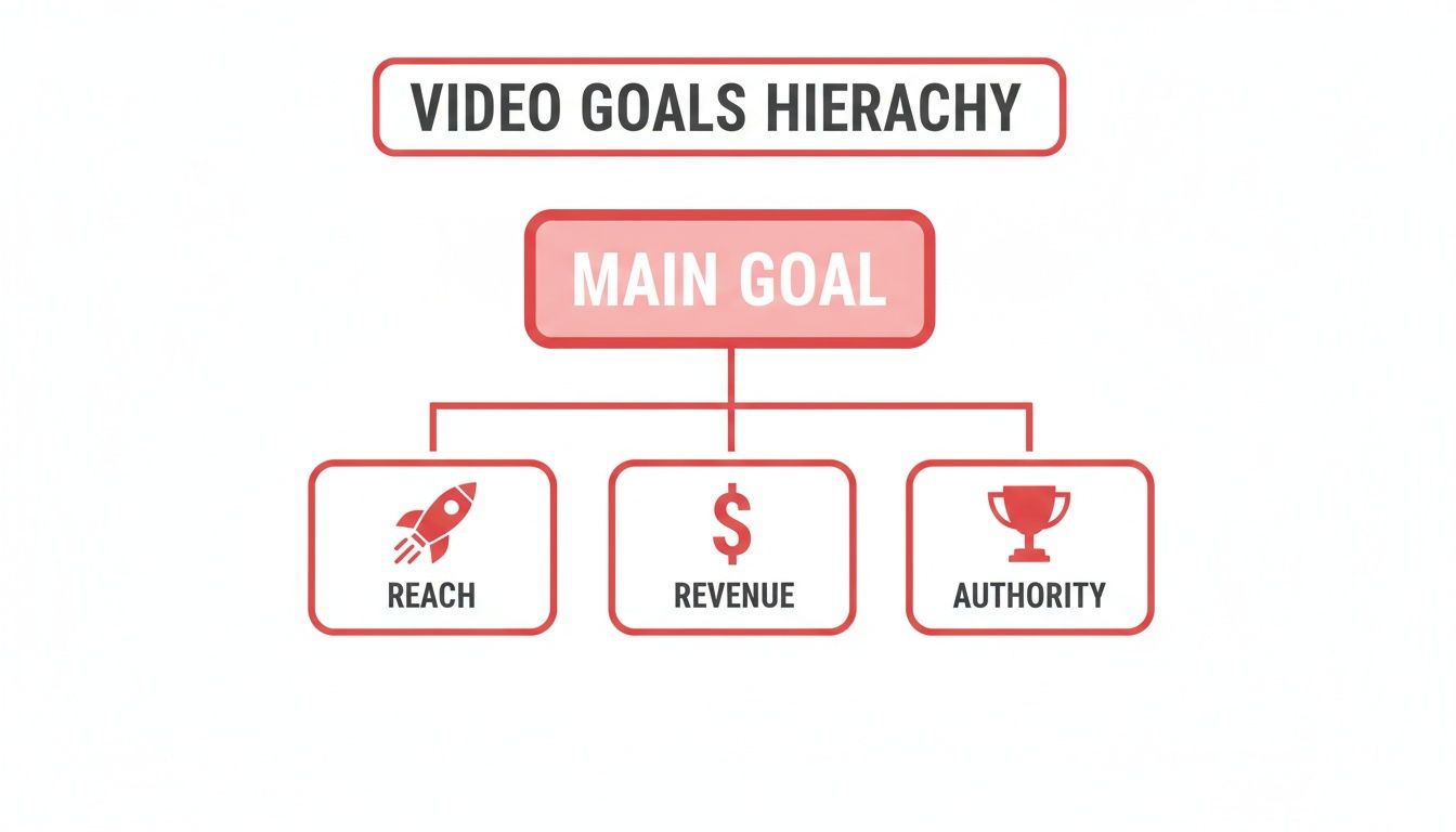 Diagram showing video goals hierarchy: Main Goal leads to Reach (rocket), Revenue (dollar sign), and Authority (trophy).