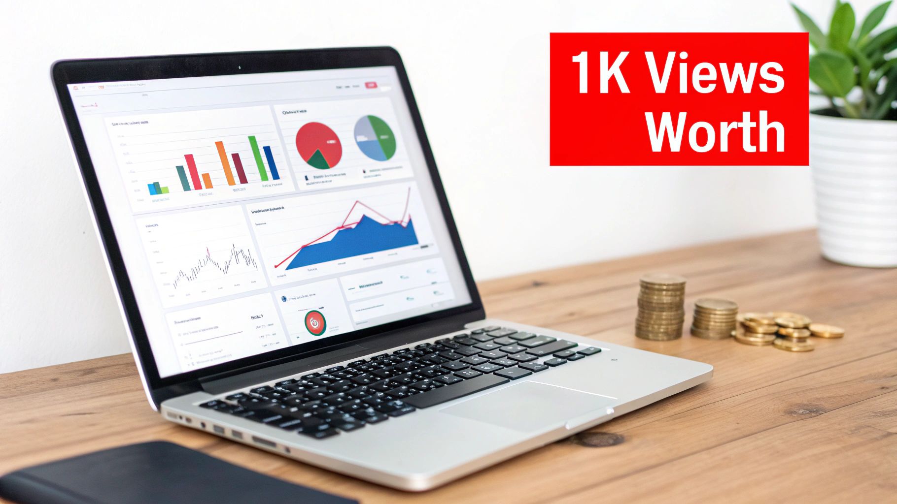 A magnifying glass hovering over a computer screen showing YouTube analytics with CPM and RPM metrics highlighted.