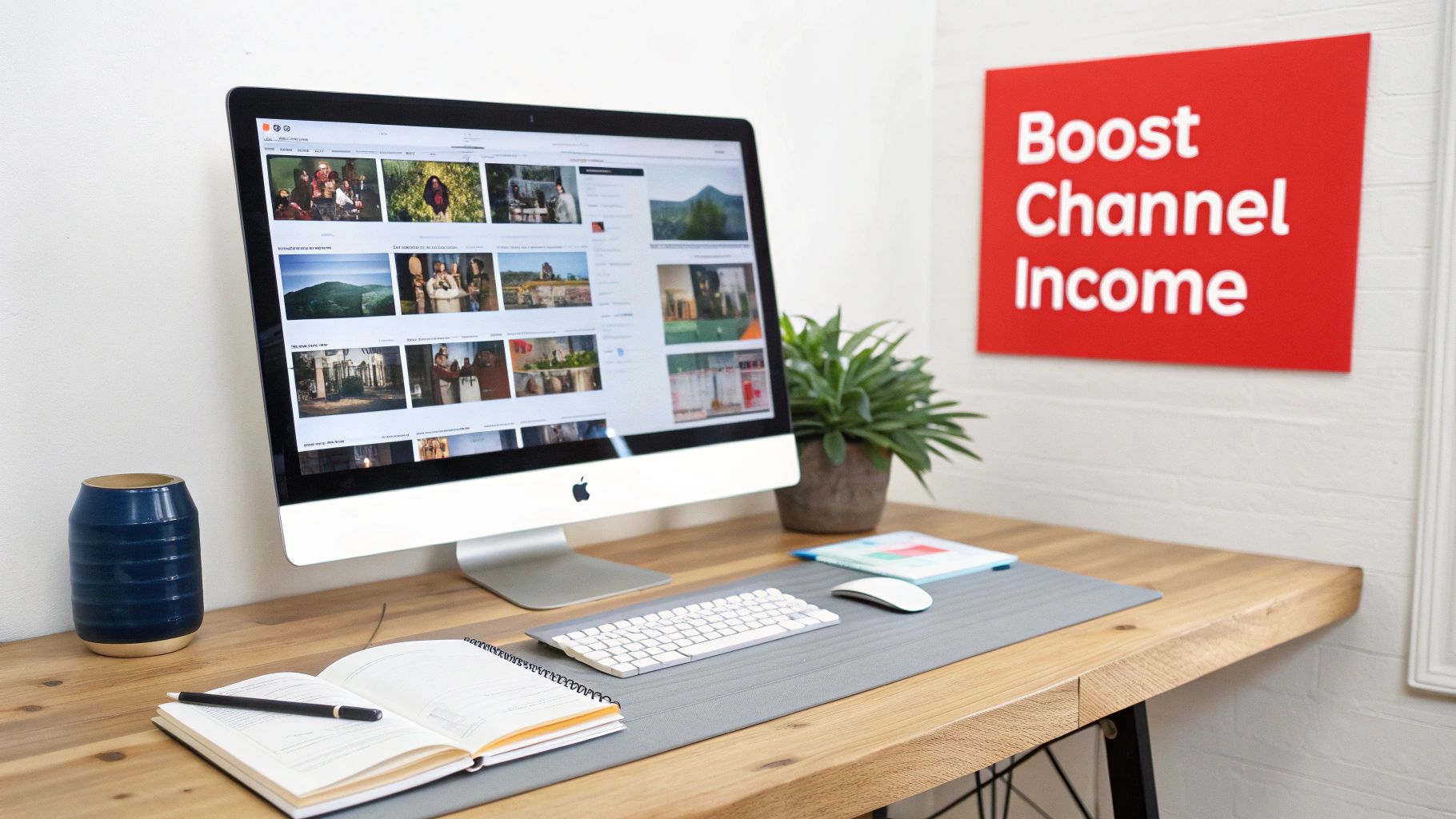 An office desk with an Apple iMac, keyboard, mouse, notebook, plant, and a sign for boosting channel income.