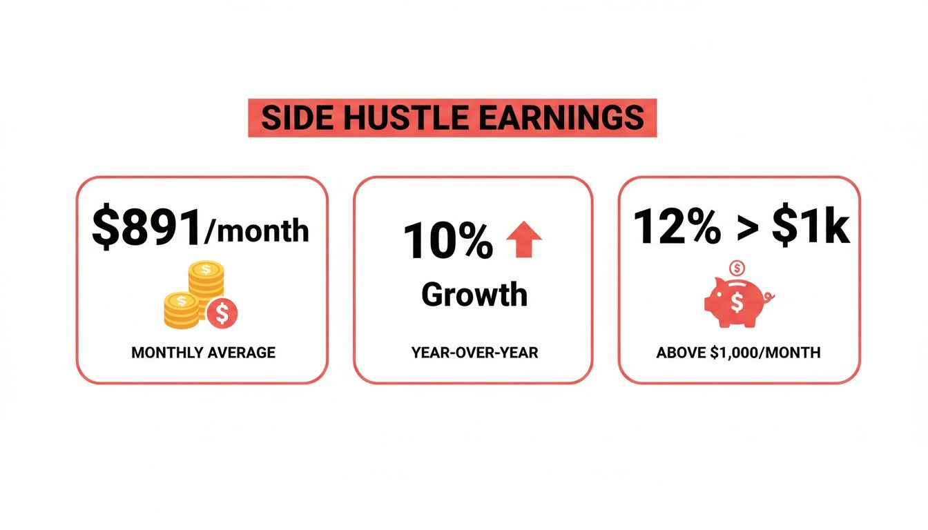Infographic displaying side hustle earnings: $891 monthly average, 10% year-over-year growth, and 12% exceeding $1k.