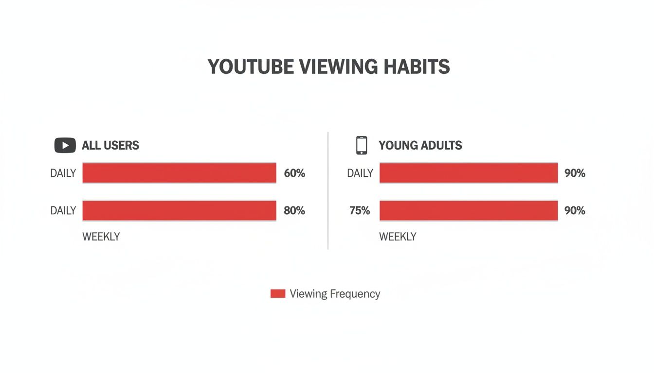 Bar chart showing YouTube viewing habits for all users and young adults, detailing daily and weekly frequencies.