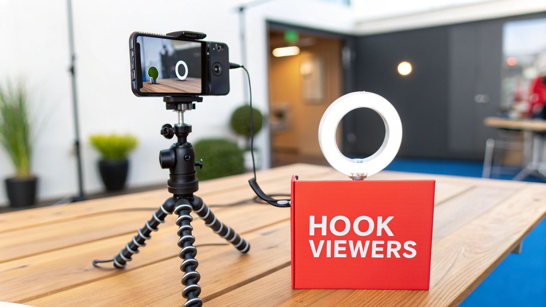 A smartphone on a flexible tripod with a ring light and 'HOOK VIEWERS' box, setup for content creation.