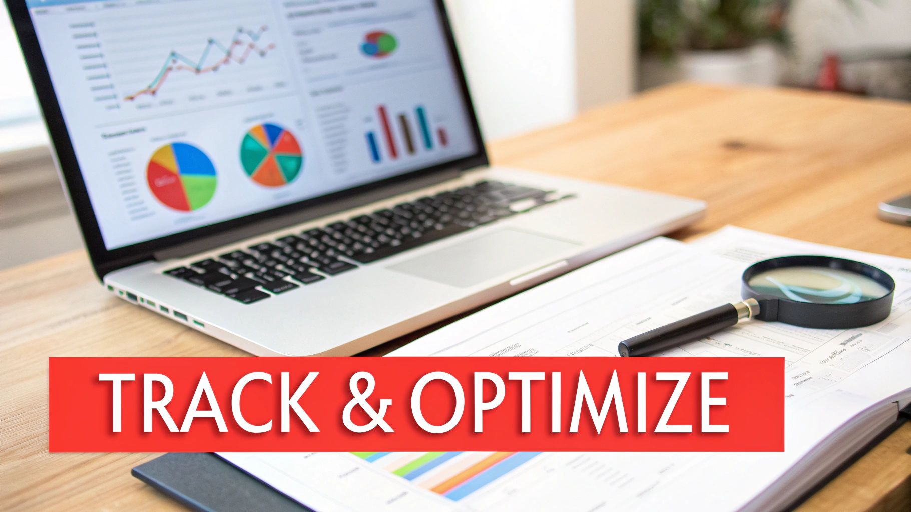 A laptop showing data charts and graphs, with documents, a magnifying glass, and 'TRACK & OPTIMIZE' text.