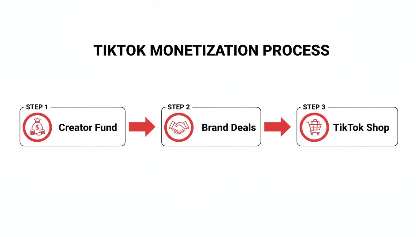 A flowchart illustrating the TikTok monetization process through Creator Fund, Brand Deals, and TikTok Shop.
