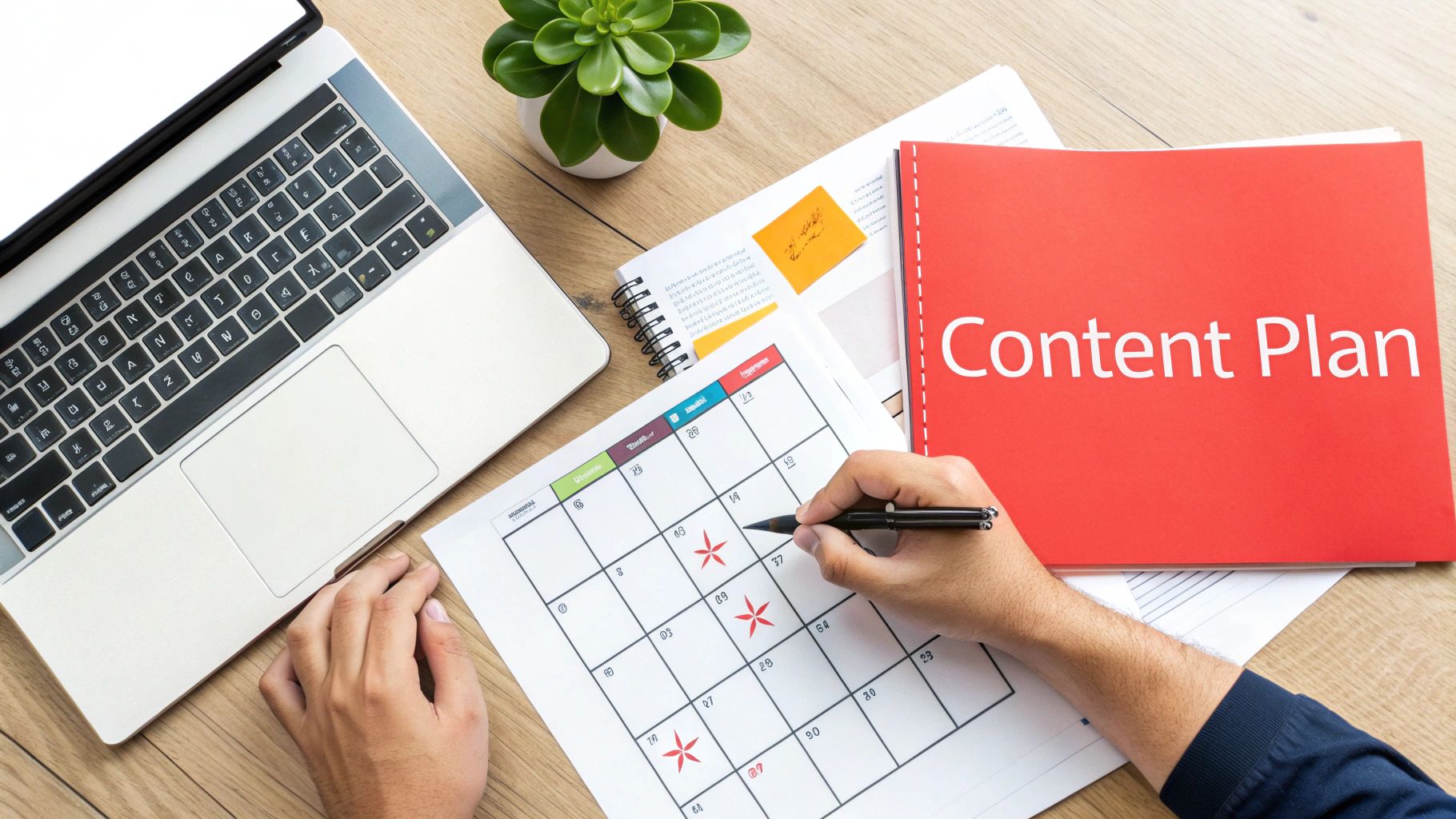 Person planning content calendar with laptop, notebook, and red content plan folder on desk