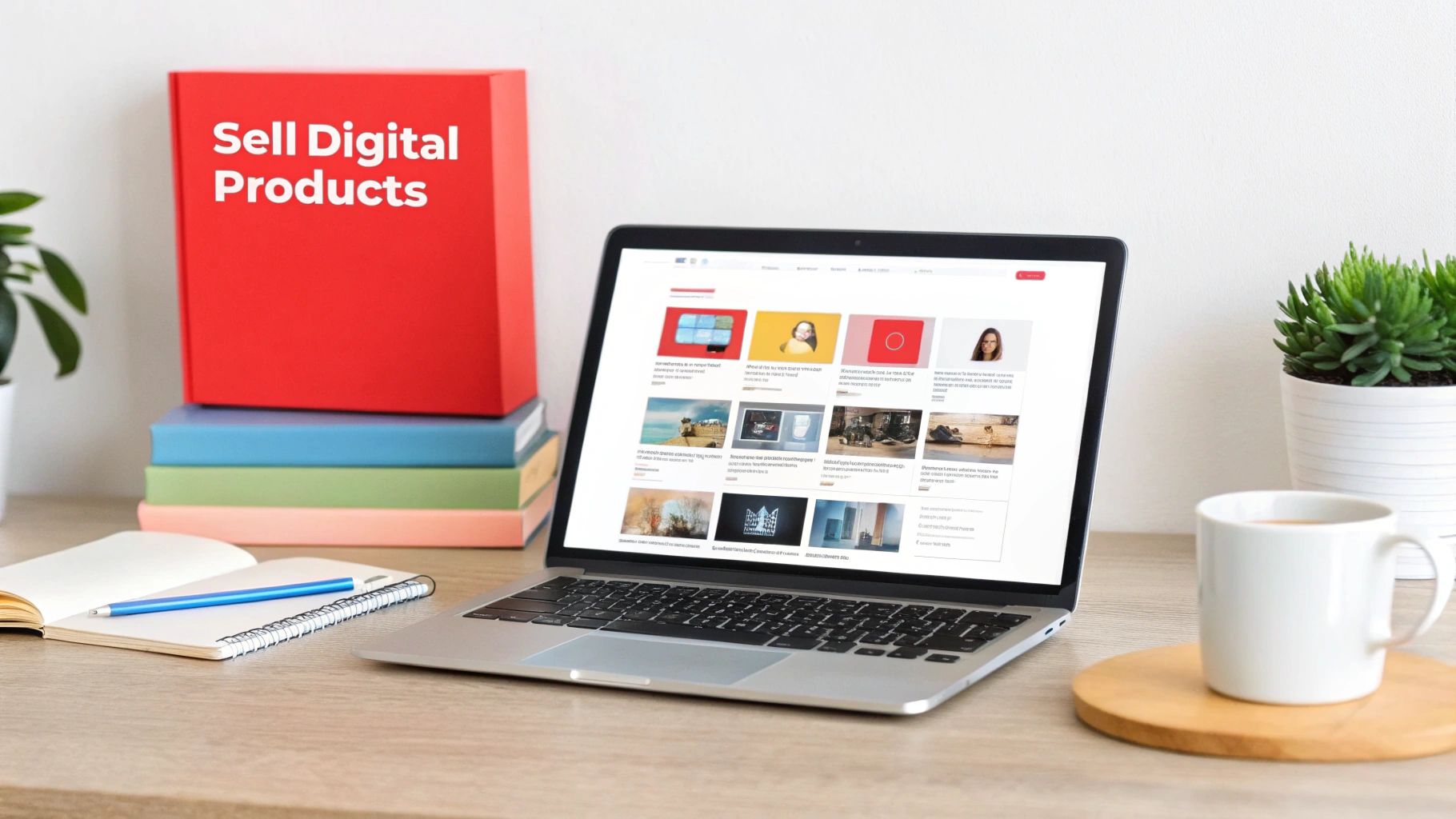 A modern workspace with a laptop displaying a website, stacked books (one says 'Sell Digital Products'), notebook, plant, and coffee.