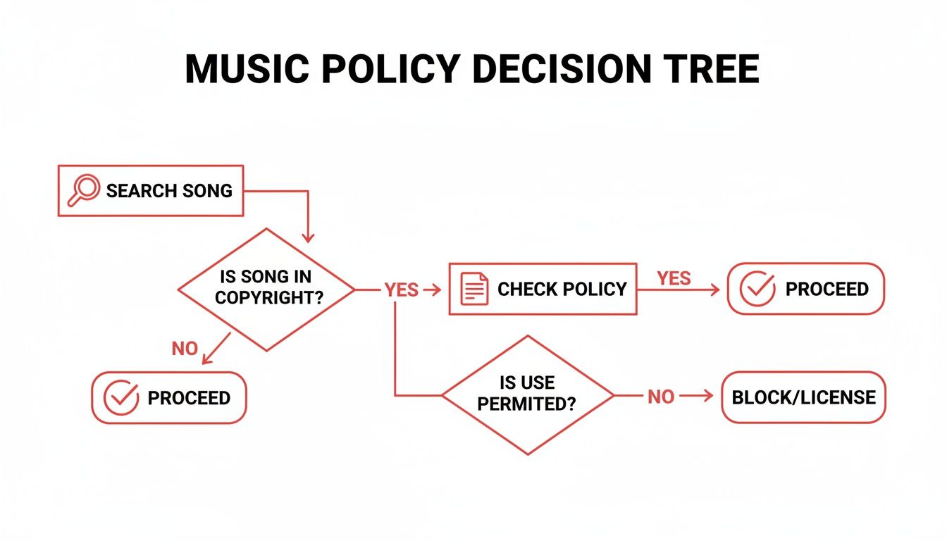 A music policy decision tree flowchart detailing steps for copyright compliance, leading to proceeding or blocking content.