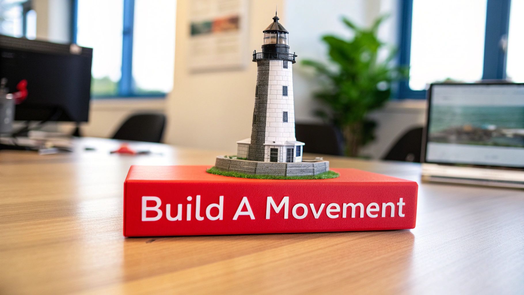 A miniature lighthouse model sits on a red book titled 'Build A Movement' on an office desk.