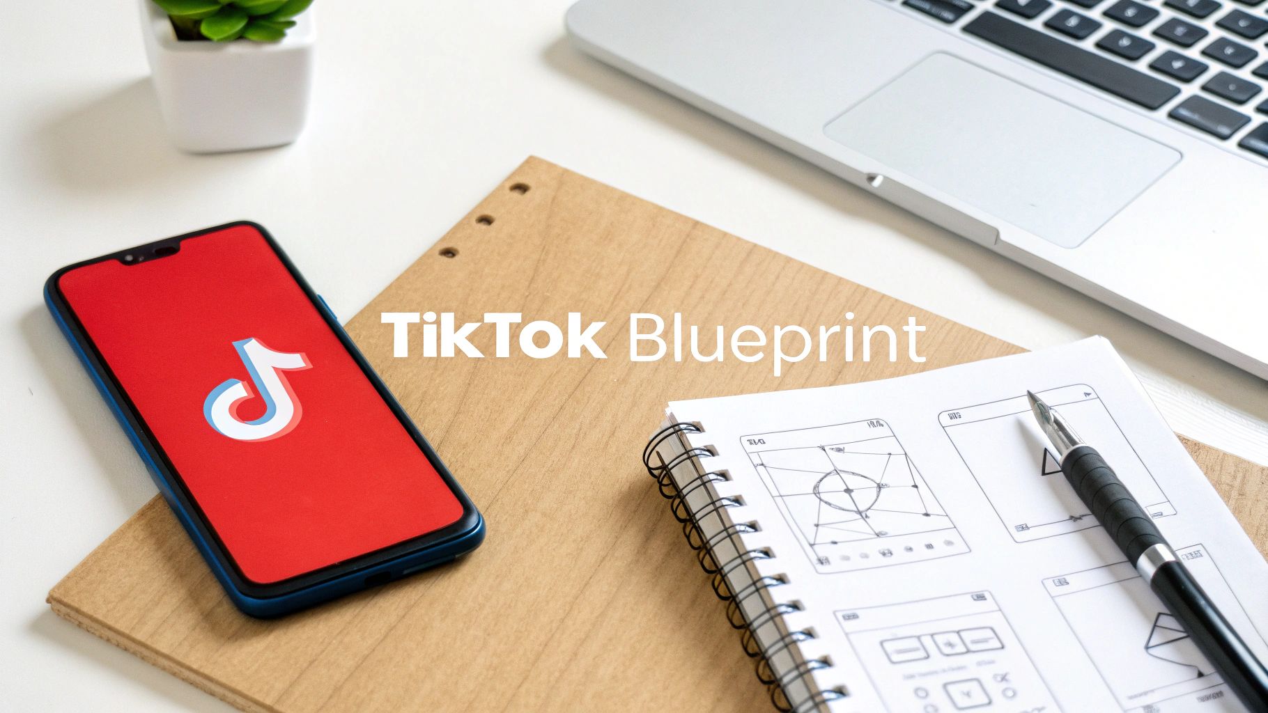 TikTok app on smartphone with blueprint sketches and laptop for social media marketing strategy planning