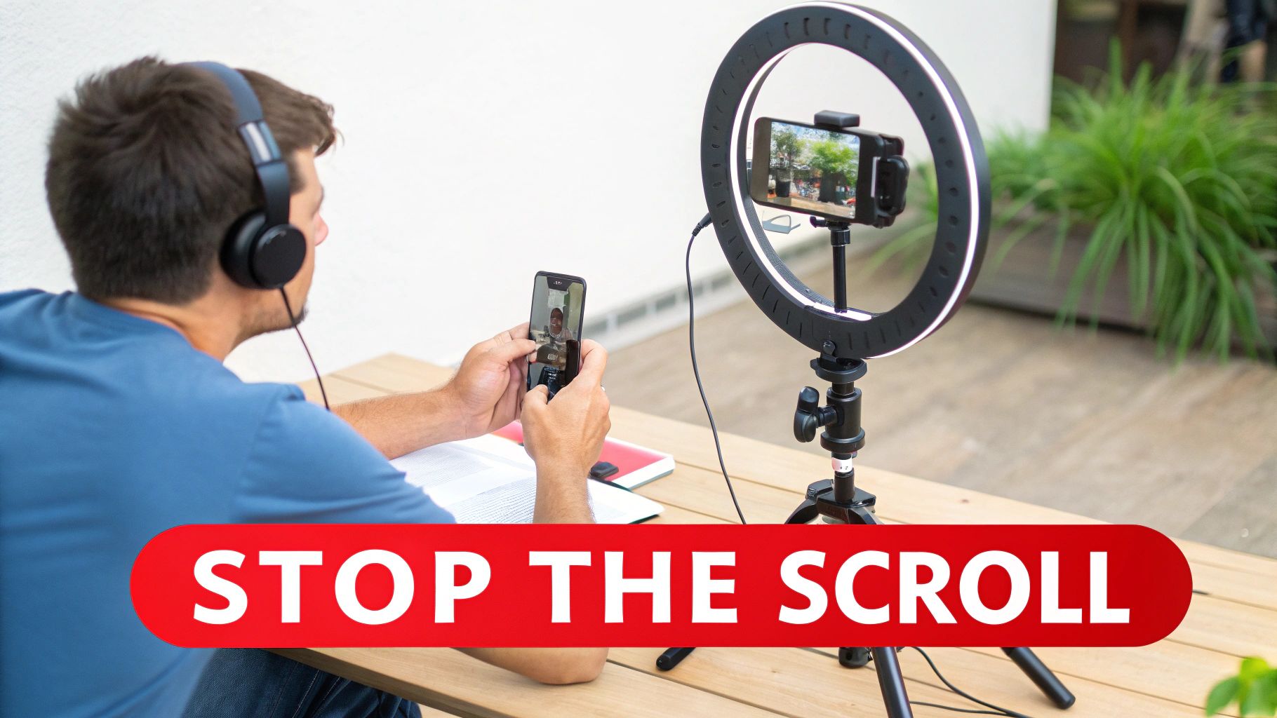 Man with headphones using two smartphones, one handheld, one on a ring light for video, with 'STOP THE SCROLL' text.