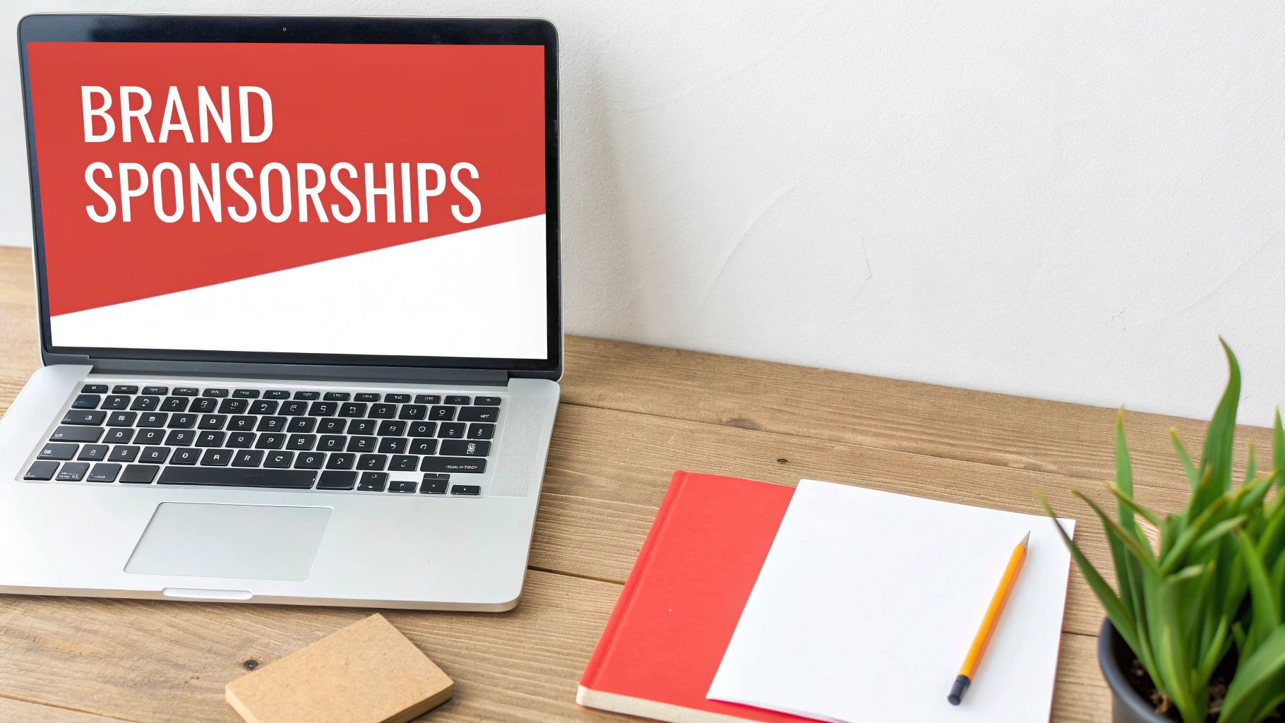 A laptop displaying 'BRAND SPONSORSHIPS' on a red screen, placed on a wooden desk with a notebook and plant.