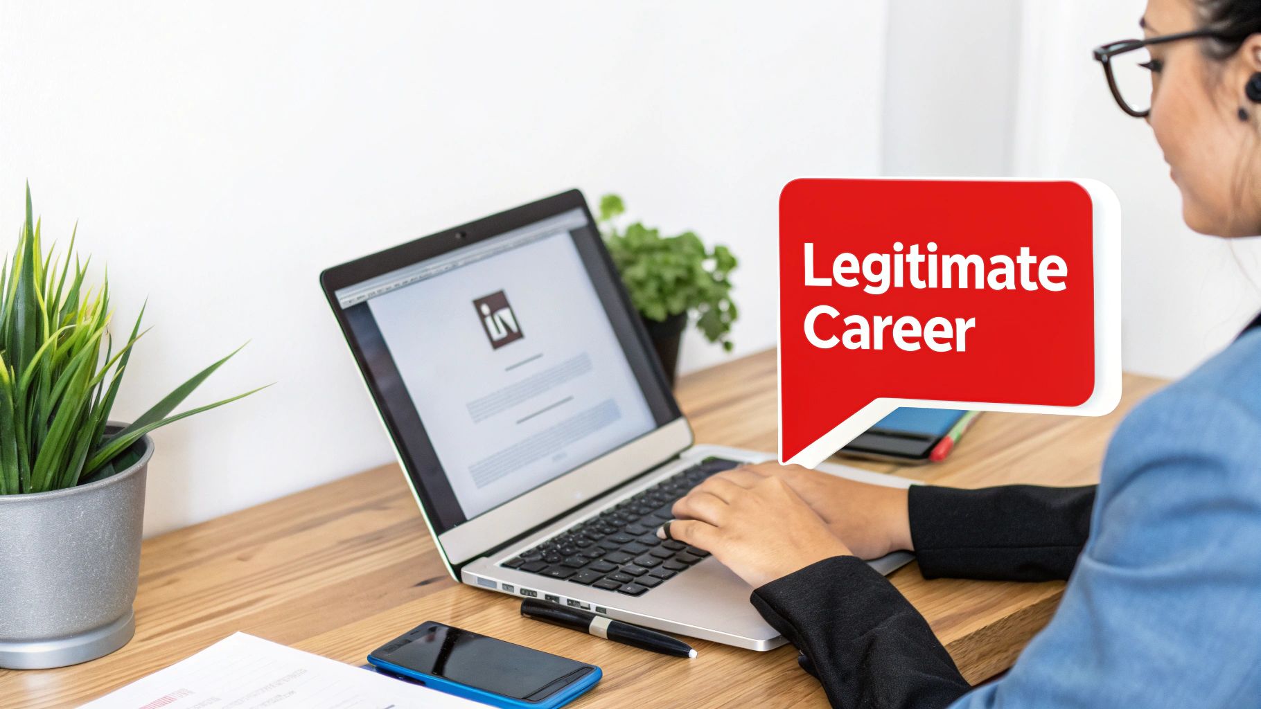 A person works on a laptop showing the LinkedIn logo, with a speech bubble saying 'Legitimate Career'.