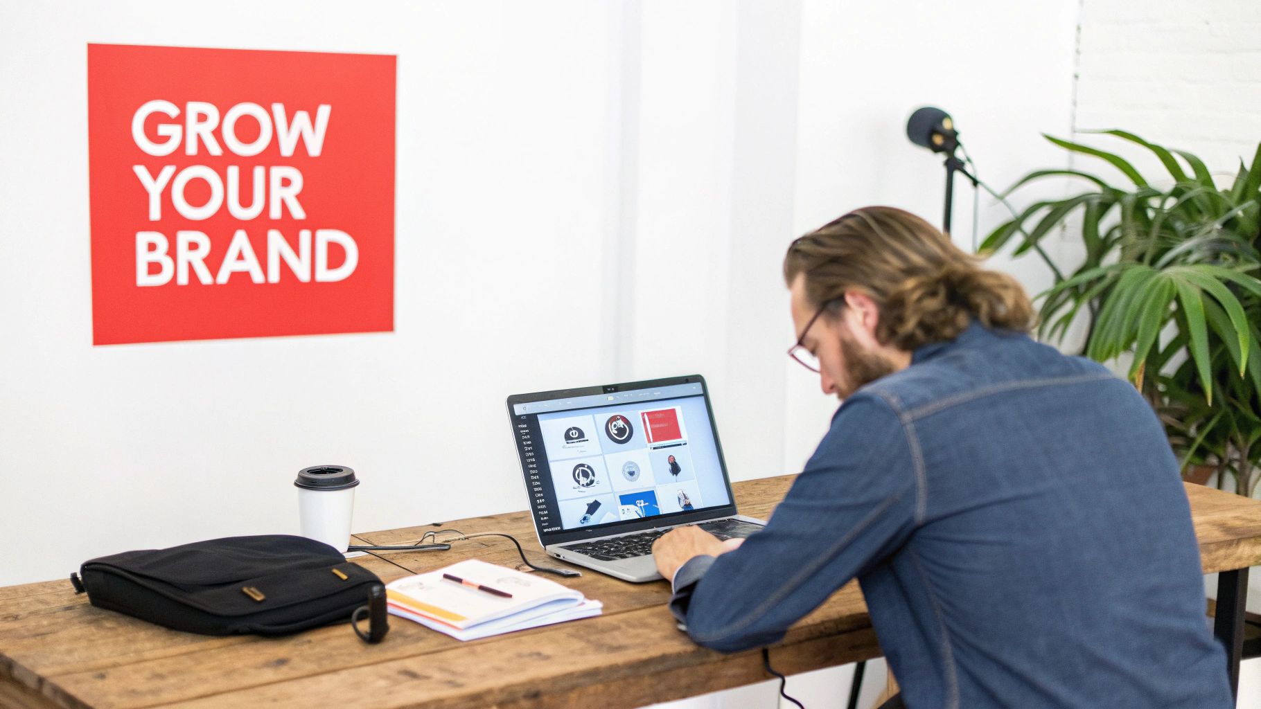 A creator sitting at a desk, with their digital art displayed on a monitor, while icons representing different social media platforms and brands float around, showing the reach of their licensed work.