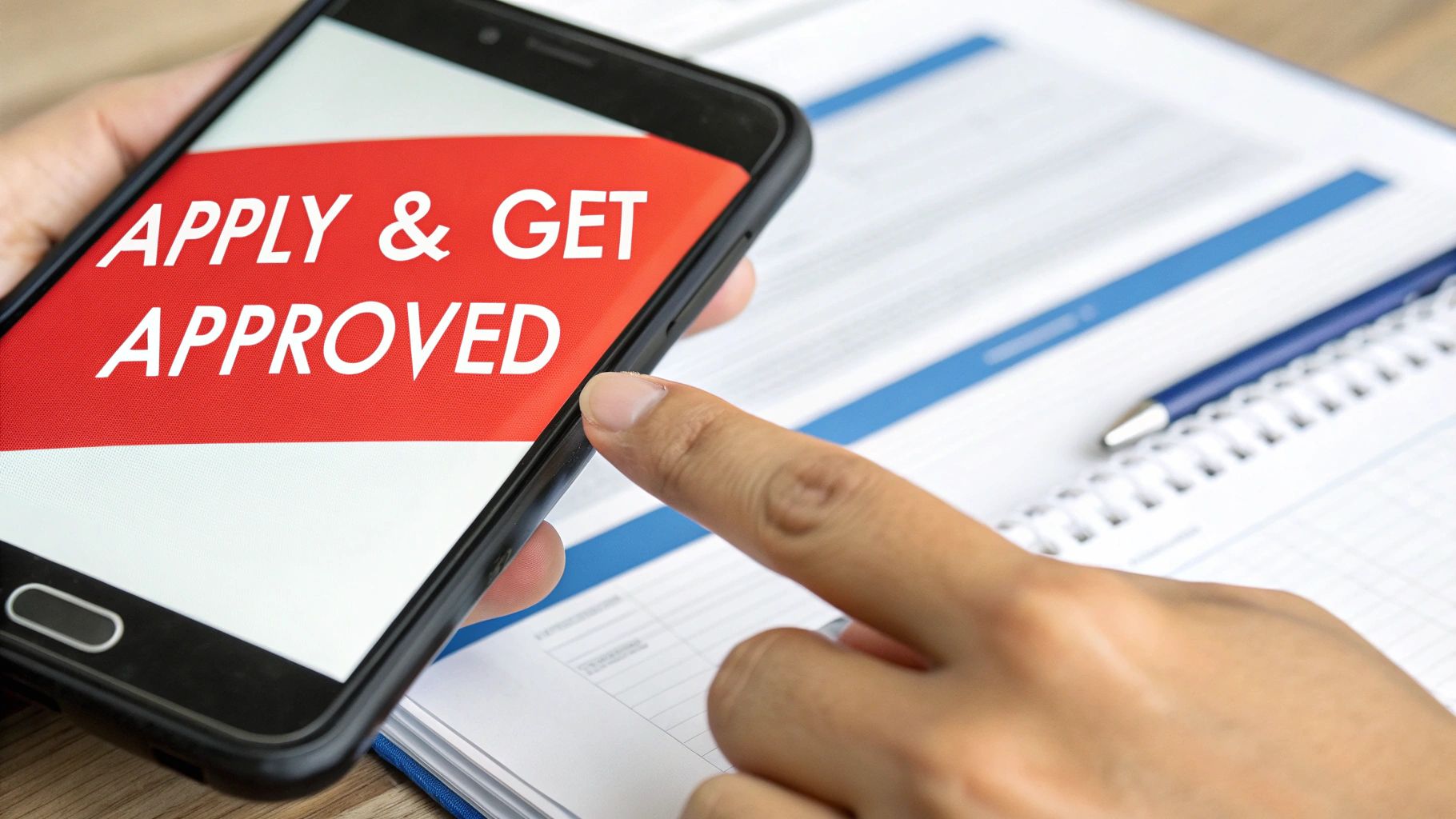 Close-up of a hand holding a smartphone displaying 'APPLY & GET APPROVED' with a blurred notebook and pen in the background.