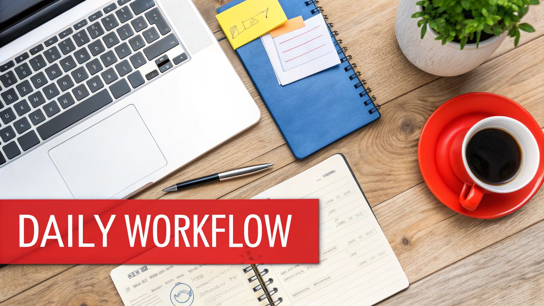 A top-down view of a modern workspace featuring a laptop, notebook, pen, coffee, and plant.