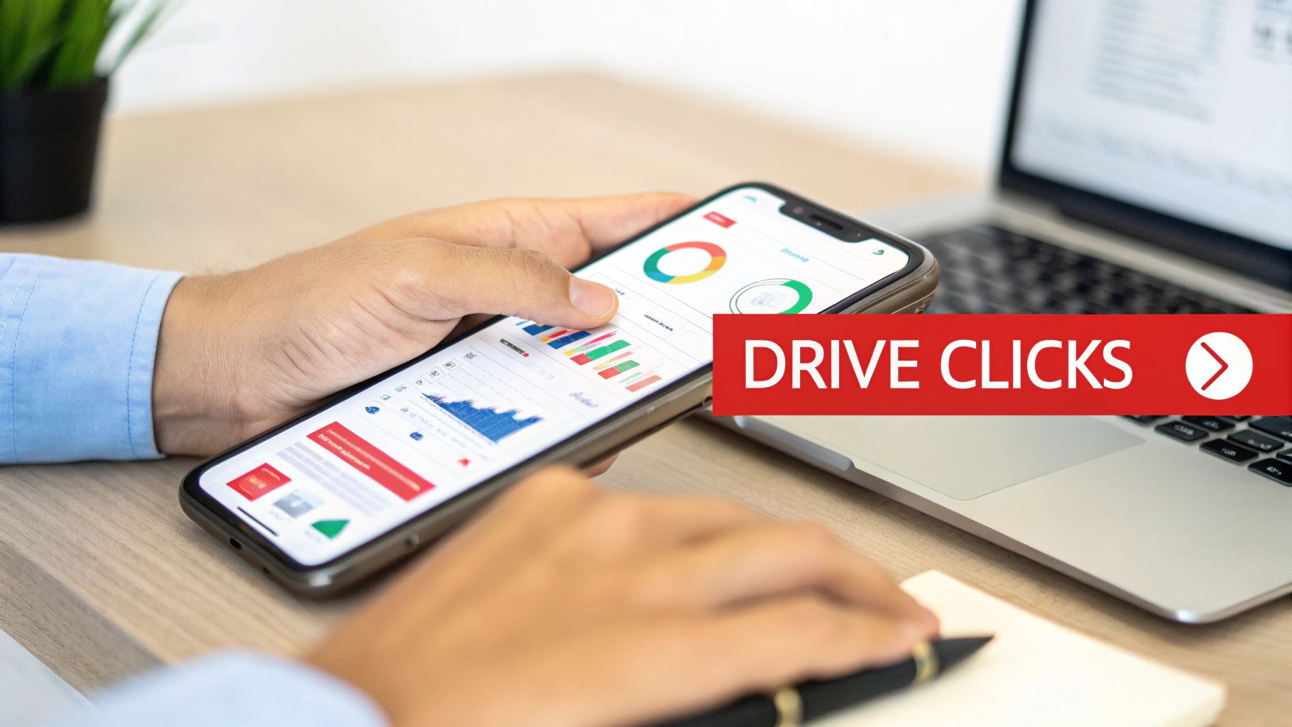 Person holding smartphone displaying analytics dashboard with drive clicks call-to-action button for digital marketing