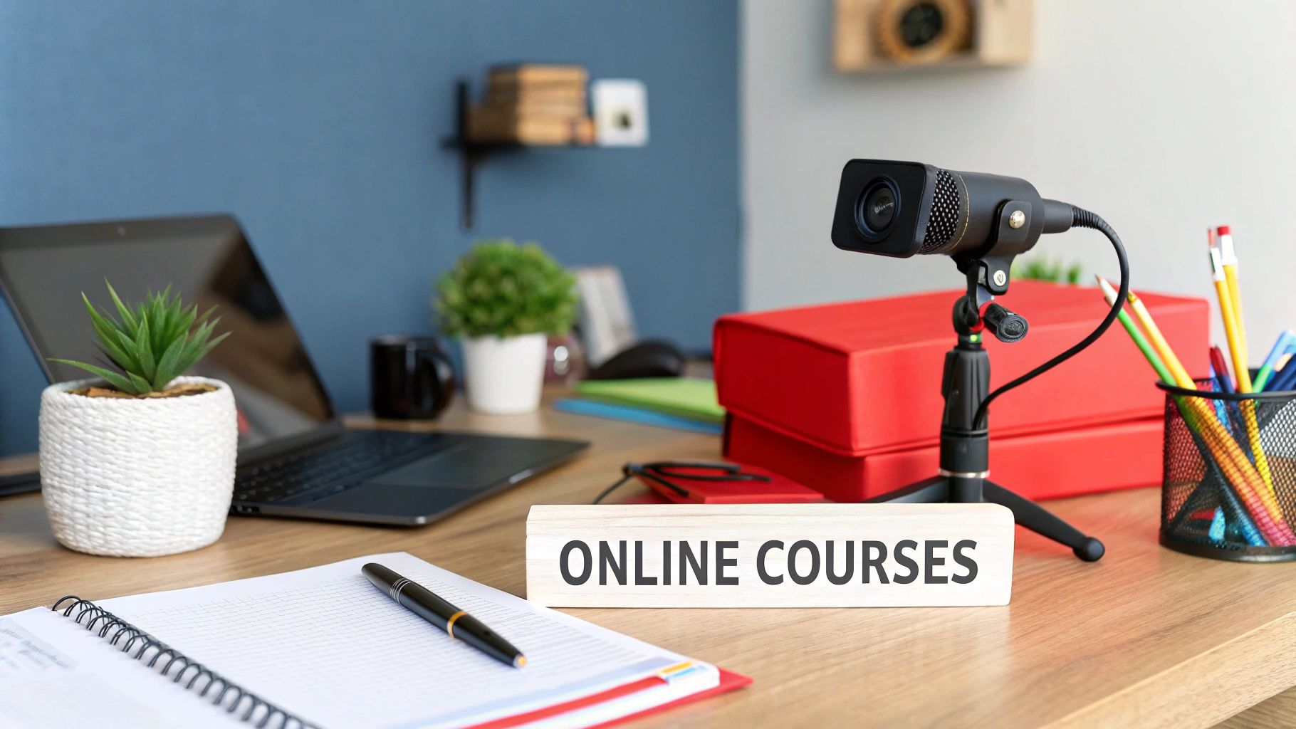 An individual working on a laptop, representing the creation of an online course