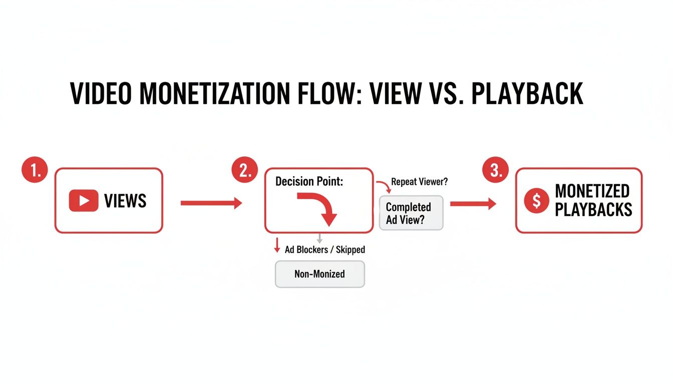 Flowchart illustrating the YouTube video monetization process from views to monetized playbacks, considering ad completion.