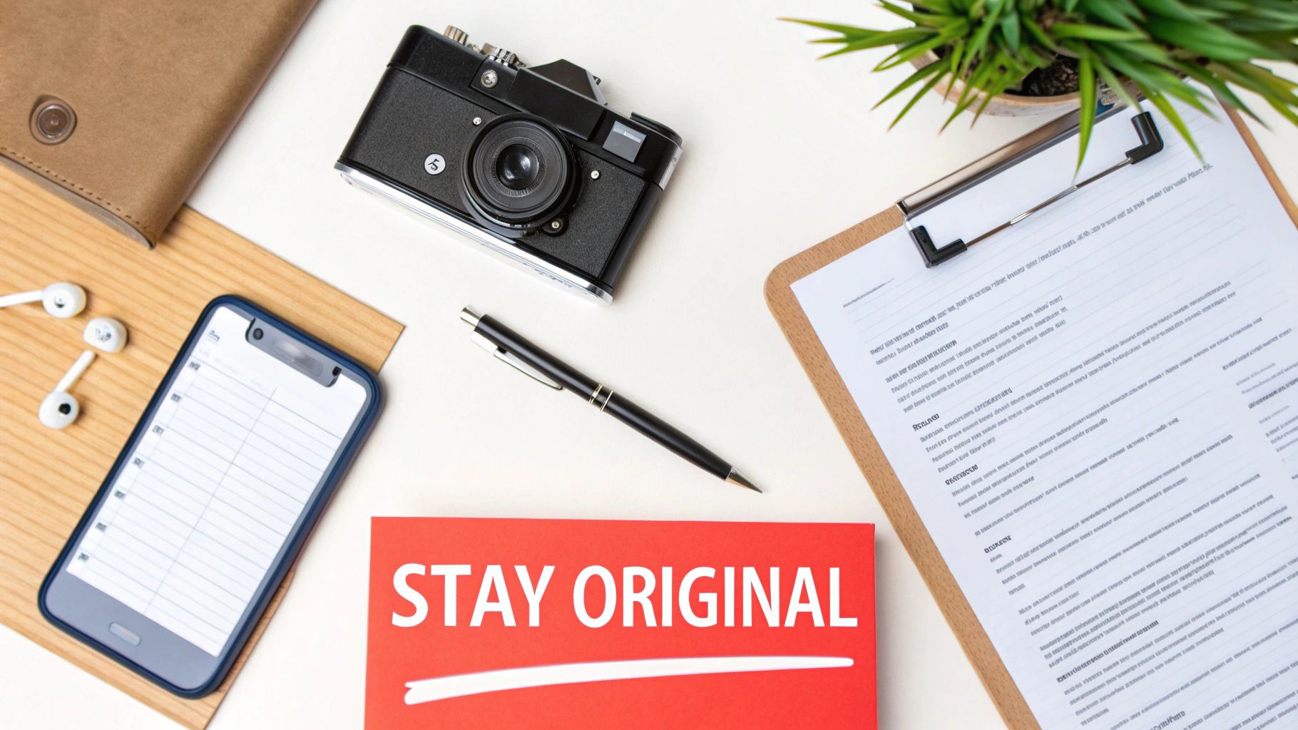 Overhead shot of desk items: vintage camera, smartphone, earphones, pen, clipboard, and 'Stay Original' card.