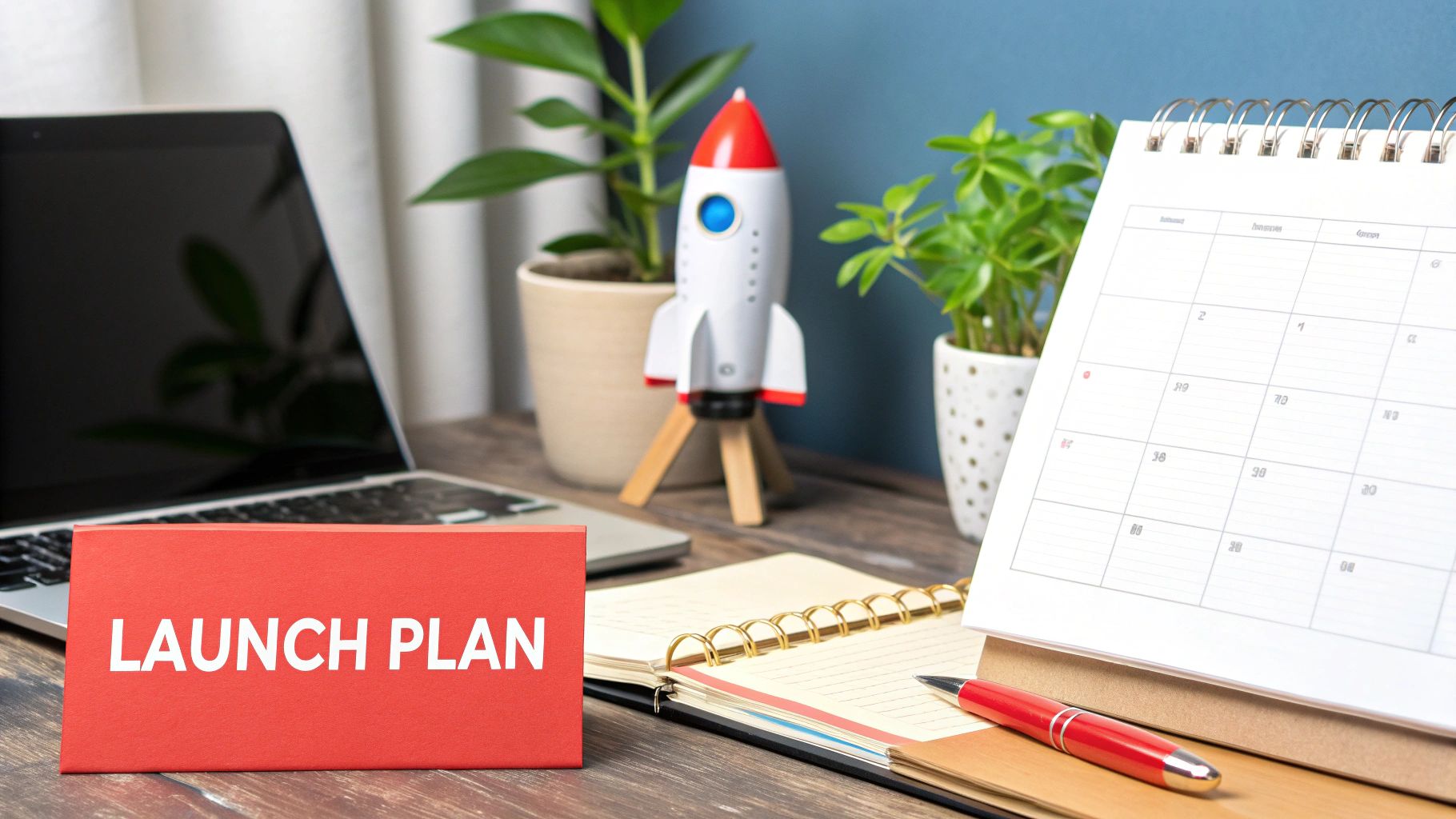 A rocket launching from a laptop screen, symbolizing a planned and strategic online business launch.
