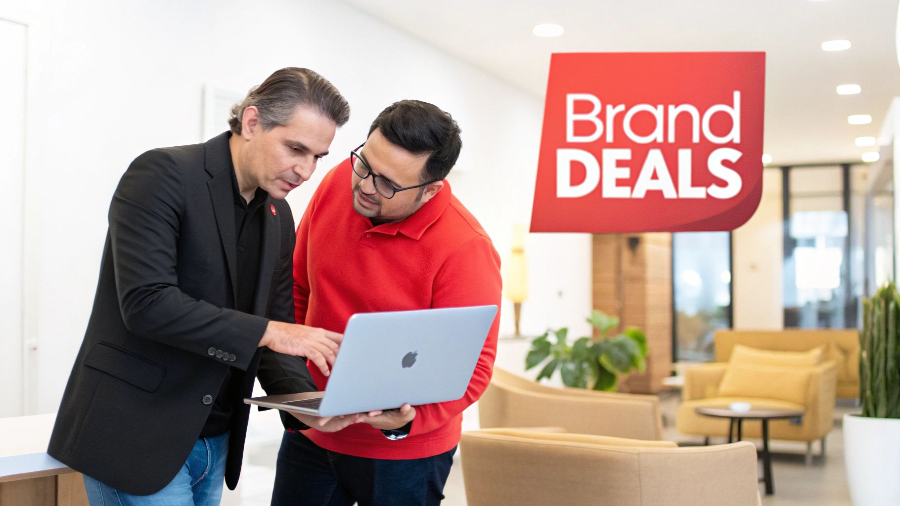 Two businessmen collaborate on a laptop in a modern office, a 'Brand DEALS' sign visible.