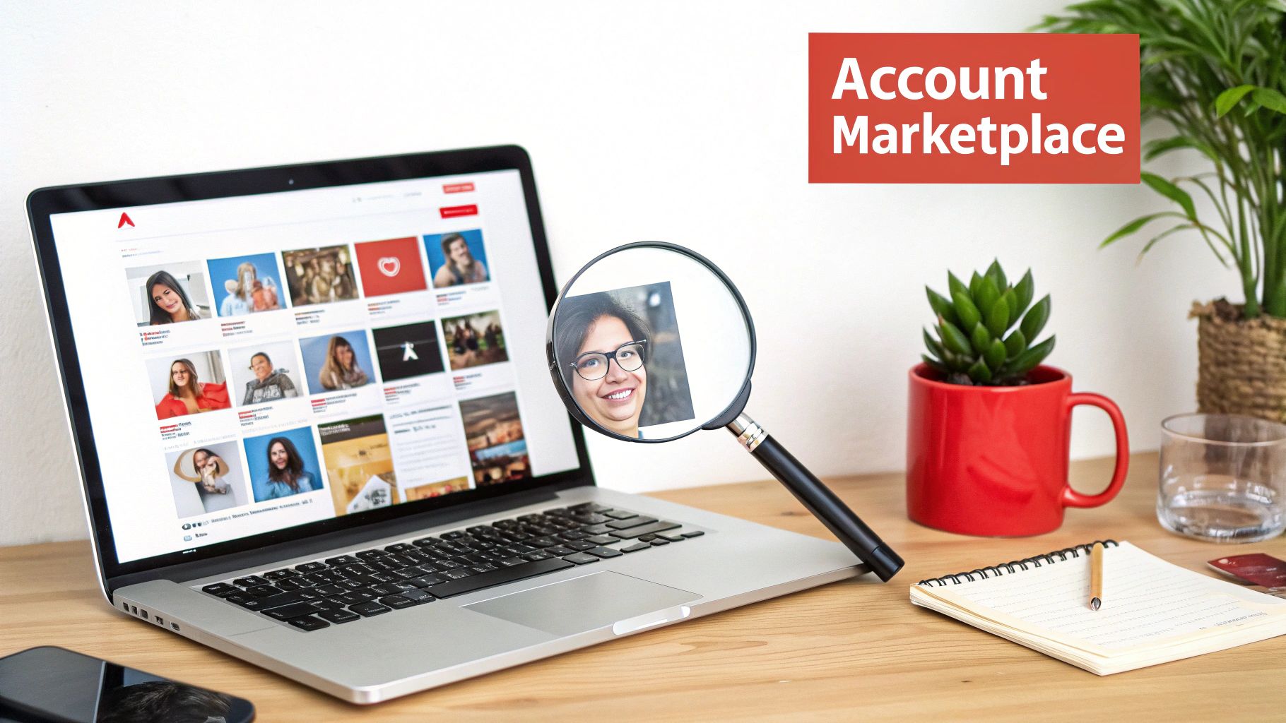 A laptop displays an 'Account Marketplace' webpage with user profiles, one magnified, on a desk.