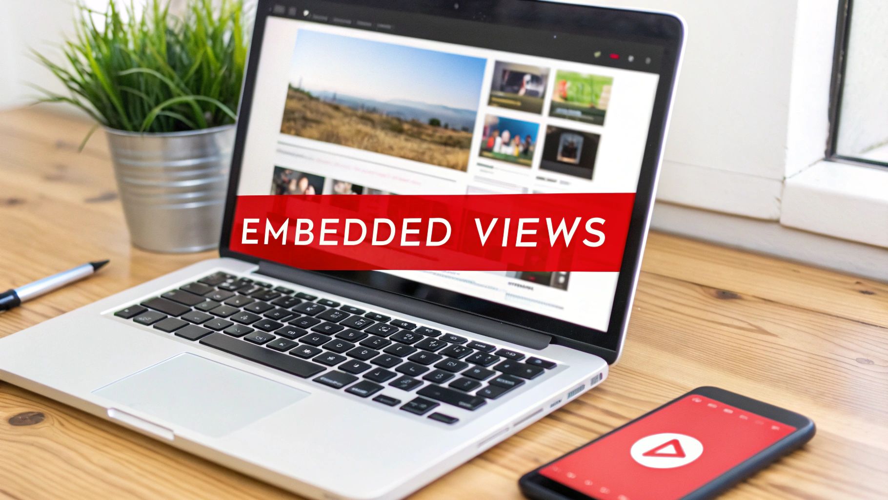 A laptop displays 'EMBEDDED VIEWS' on its screen, next to a smartphone with a play button icon on a wooden desk.