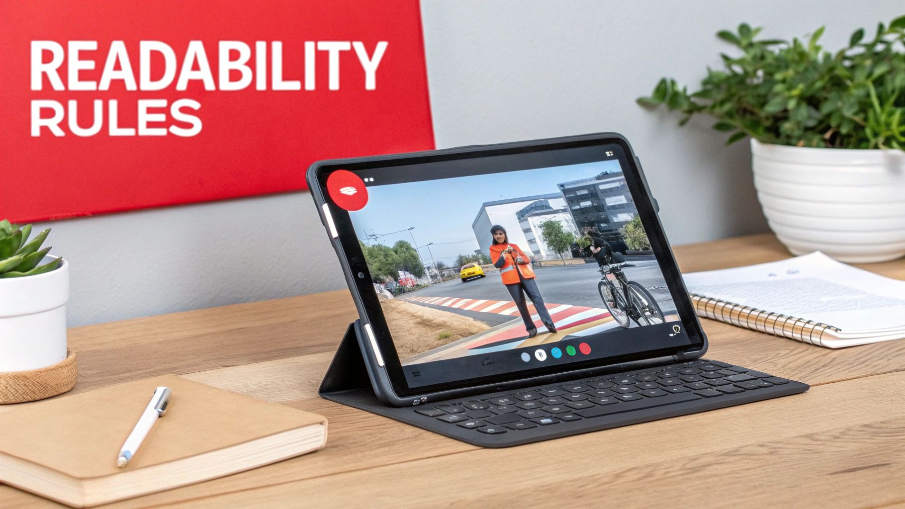 Tablet on a wooden desk showing a video, with a red sign saying 'READABILITY RULES'.