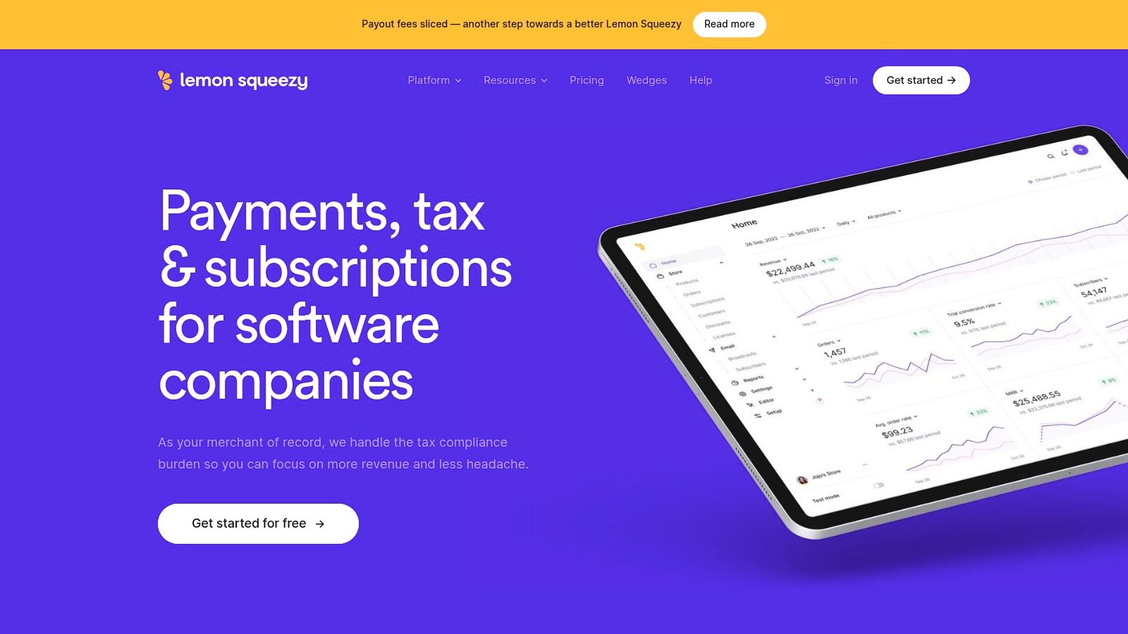 A software dashboard interface for Lemon Squeezy, showcasing analytics and sales data for digital products.