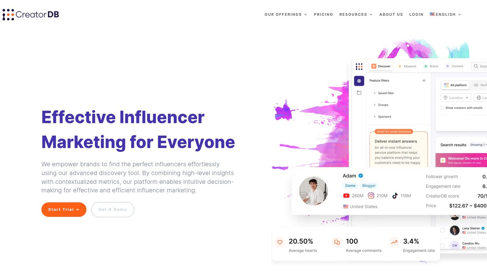 A screenshot of the CreatorDB dashboard showing its creator search, filtering options, and analytics interface for YouTube channels.