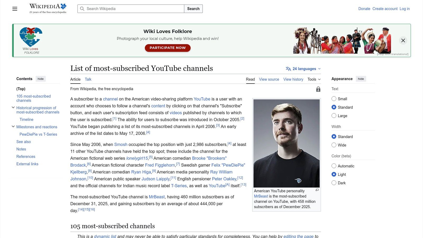 A screenshot of the Wikipedia page titled "List of most-subscribed YouTube channels" showing a data table with rankings, channel names, subscriber counts, and other details.