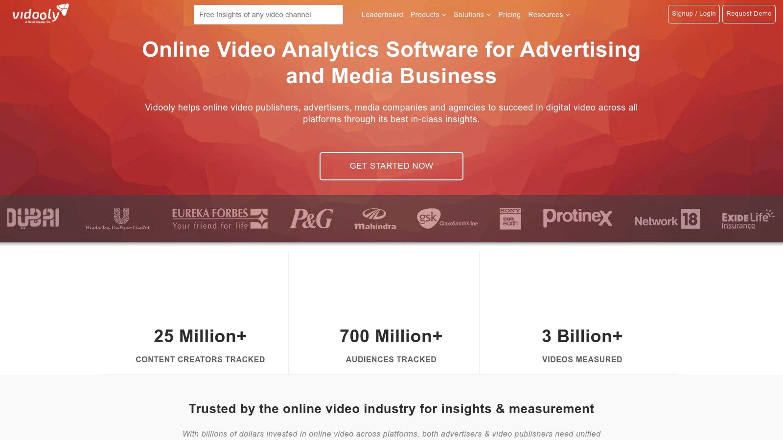 A screenshot of the Vidooly website's analytics dashboard showing detailed video statistics and engagement metrics for a YouTube channel.