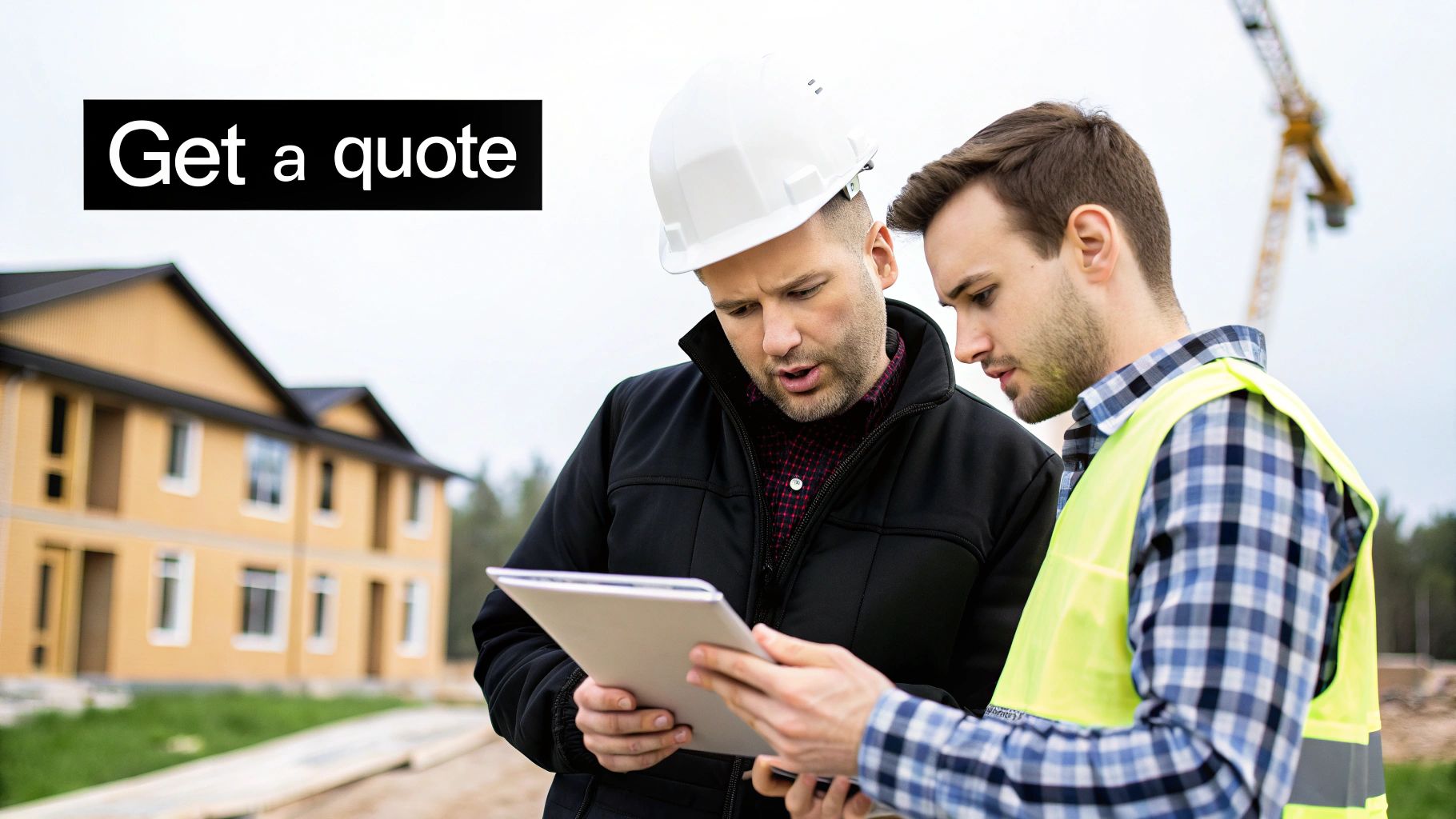 Two construction professionals review plans on a tablet at a building site, with new houses and a crane.