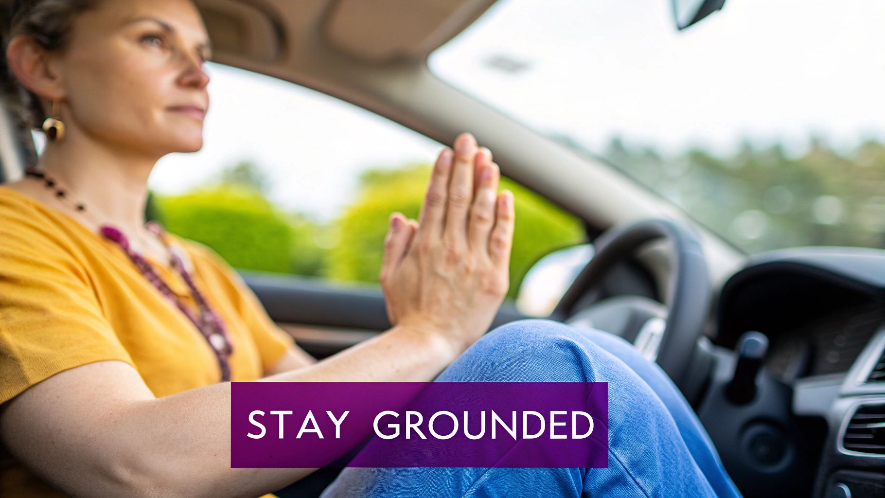 A woman in a car with hands pressed together in a meditative pose, with 'STAY GROUNDED' text.