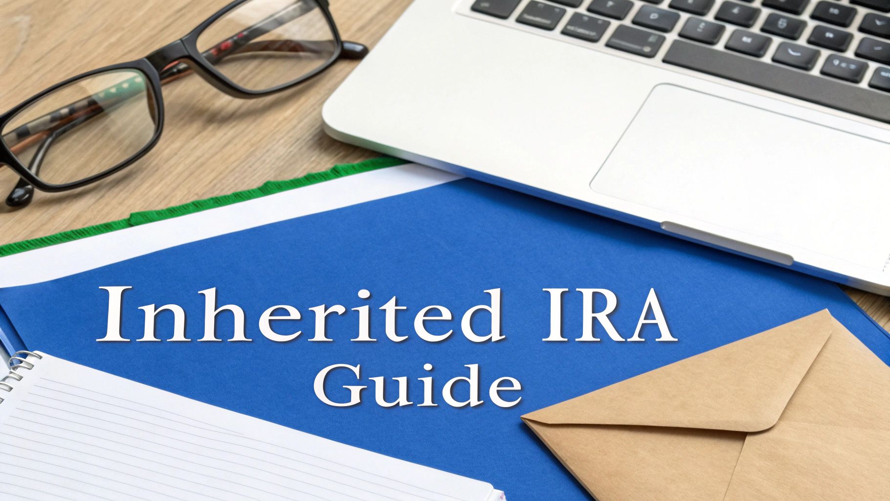 A blue folder labeled 'Inherited IRA Guide' on a wooden desk with a laptop, glasses, notebook, and envelope.