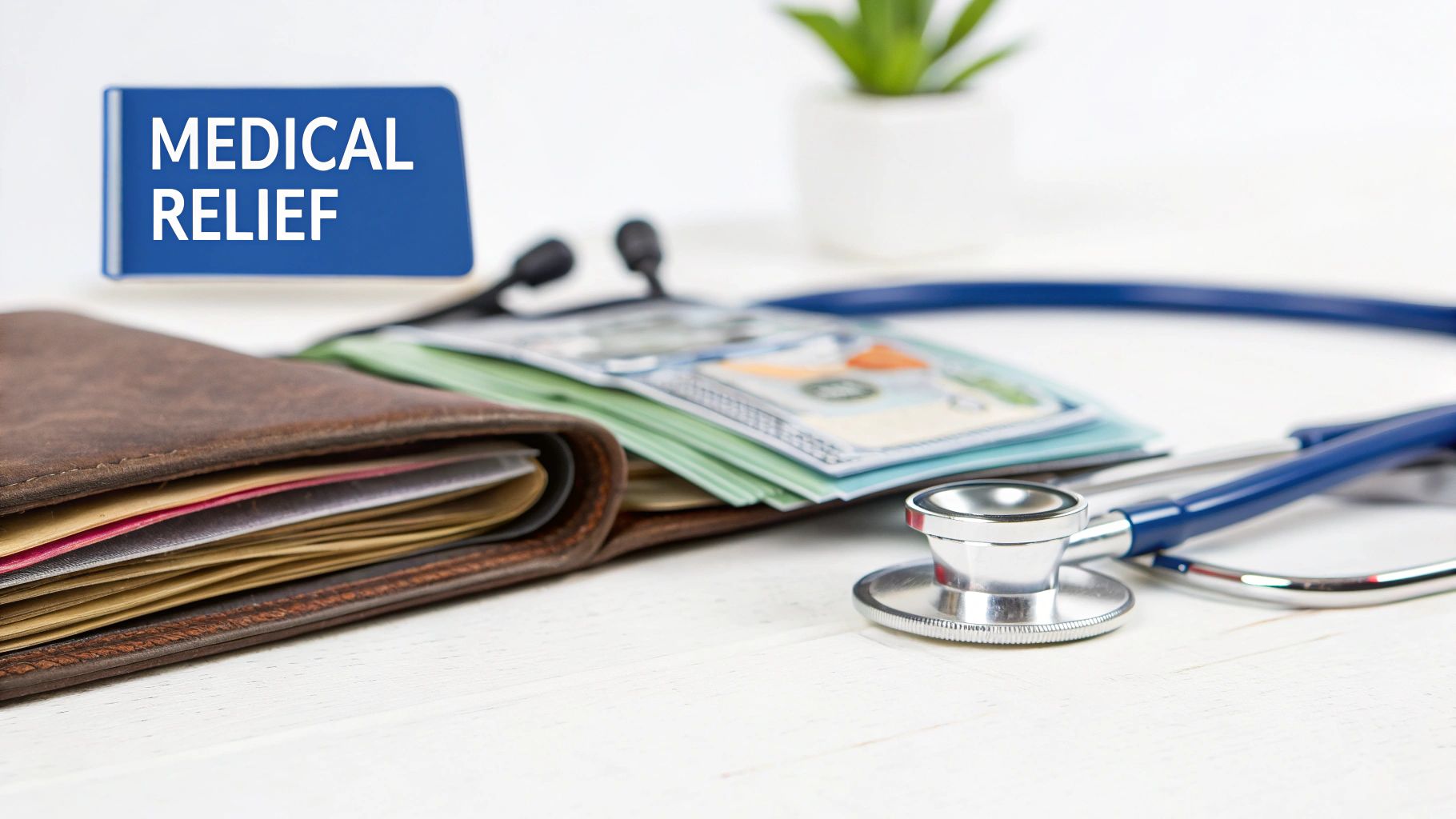 A brown wallet overflowing with cash and a stethoscope, next to a blue sign reading 'MEDICAL RELIEF'.